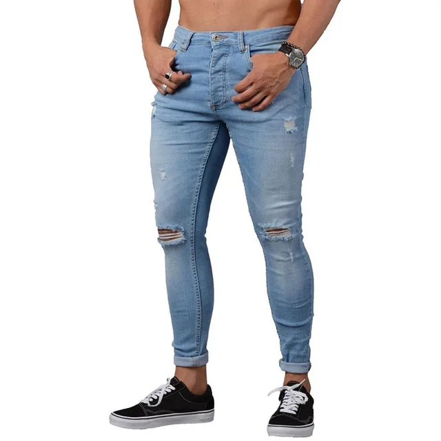 Vintage Ripped Biker Jeans Men's Stretch Denim Pants