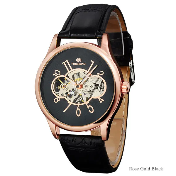 Forsining бренд Для мужчин модные Повседневное Часы Для Мужчин Скелет Механический ручной взвод черный кожаный Наручные часы Relogio Masculino - Цвет: rose gold black