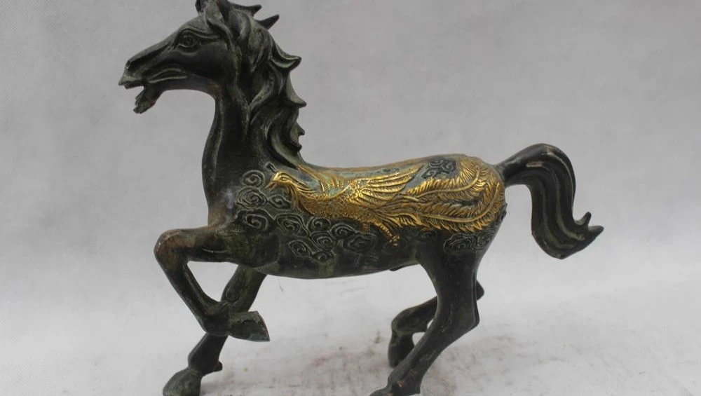 

9"Chinese Folk Pure Bronze excellent beautiful Dragon phoenix Horse Statue