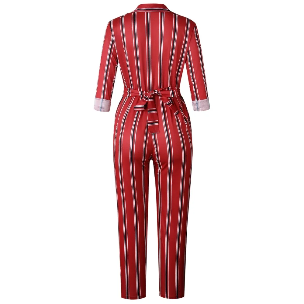 Fashion striped printed jumpsuits for women 2018 Half sleeve turn down collar long rompers womens jumpsuit Autumn new overalls