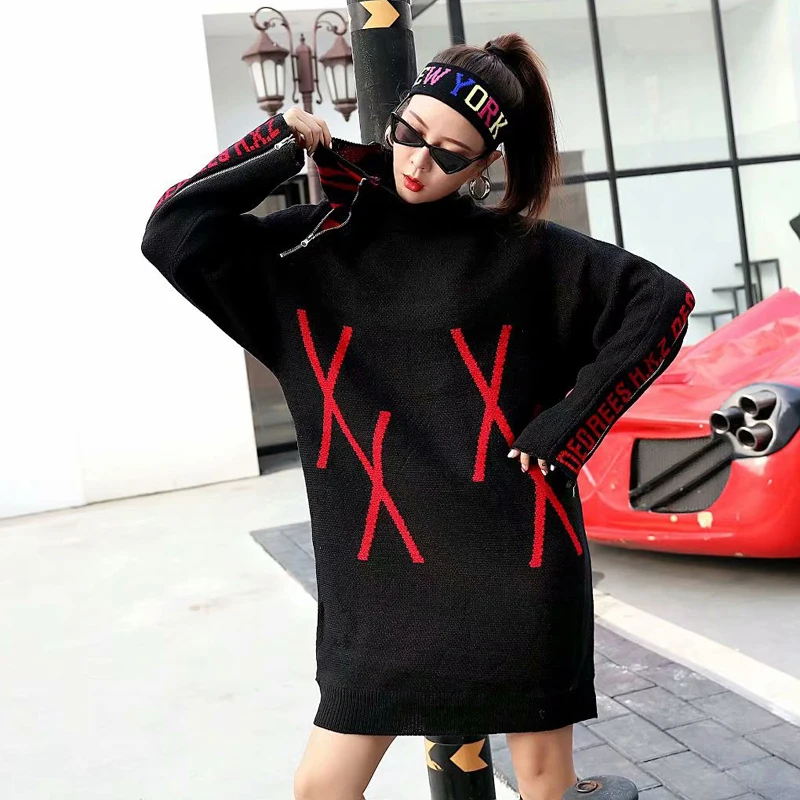 #Special Offers Tide brand 2018 autumn and winter new personality high collar handsome knit letter zipper color matching long sweater women