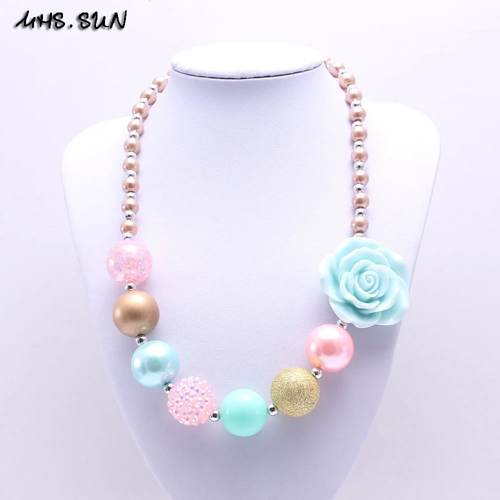 

MHS.SUN Newest Pink+Blue Color Flower Kid Chunky Necklace Bubblegum Bead Baby Girl Chunky Necklace Jewelry For Toddler Children