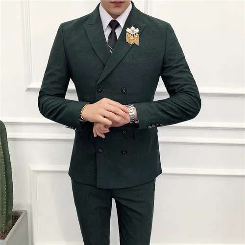 Пиджаки+ брюки) мужской бутик высокого класса мода двубортный формальный деловой костюм из двух частей/свадебные костюмы блейзеры - Цвет: Dark green