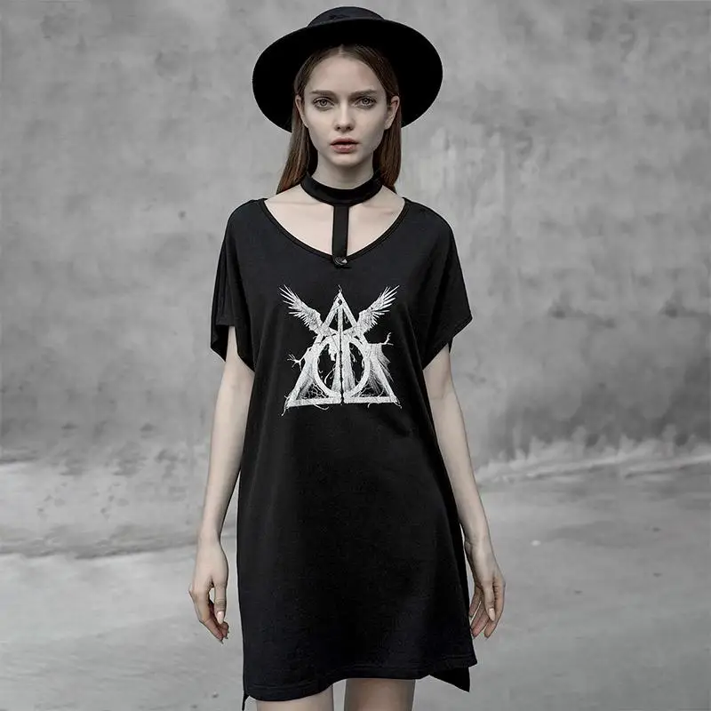 

Punk Rave Women's Punk Halter Printed Long T-Shirt PT-386TD