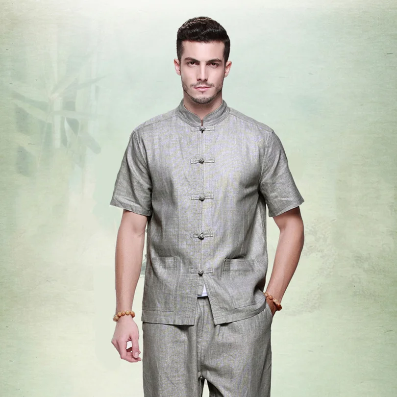 Summer handsome men's short-sleeved shirt linen collar clothing03