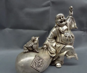 

decoration bronze factory outlets Tibet Silver 14" Chinese Buddhism Silver Toad Happy Laughing Maitreya Buddha Money Bag Statue