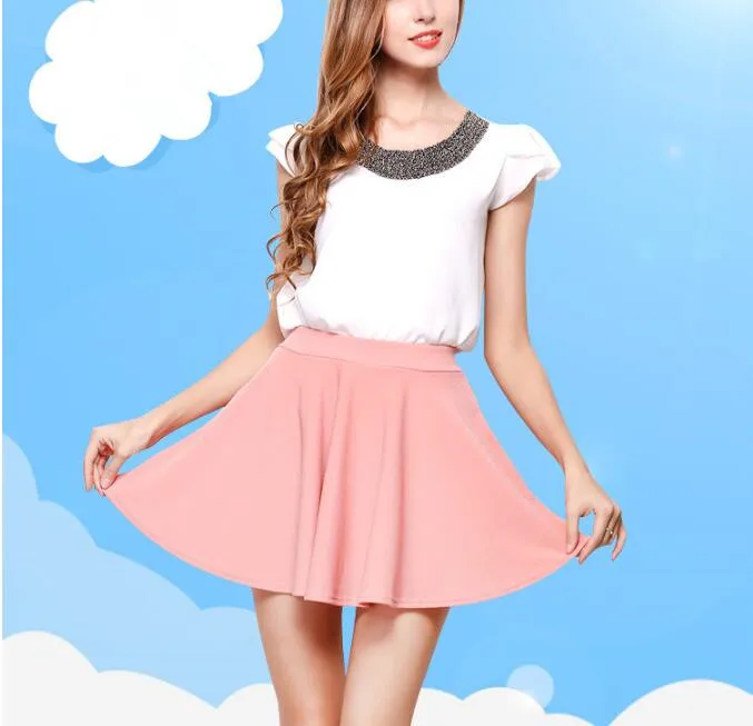 

1 piece Women Fashion umbrella shape Summer Mini Sweet Pink Black High Waist Pleated Skirt A Line Kawaii Casual Female Skirt