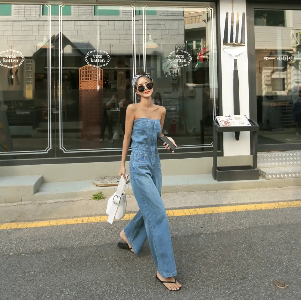 tube top denim jumpsuit