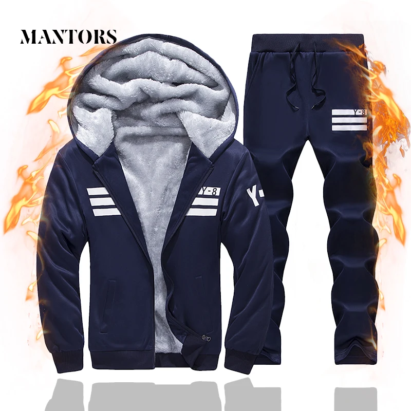 

Winter Warm Hooded Tracksuit Men Two Piece Sets Suit Hoodie Fleece Thick Jacket+Pants Men's Sportswear Casual Male Sporting Suit