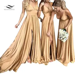 Solovedress платье подружки невесты Шампанское Линия пляжные Длинные вечерние платье пикантные свадебные с v-образным вырезом с разрезом на