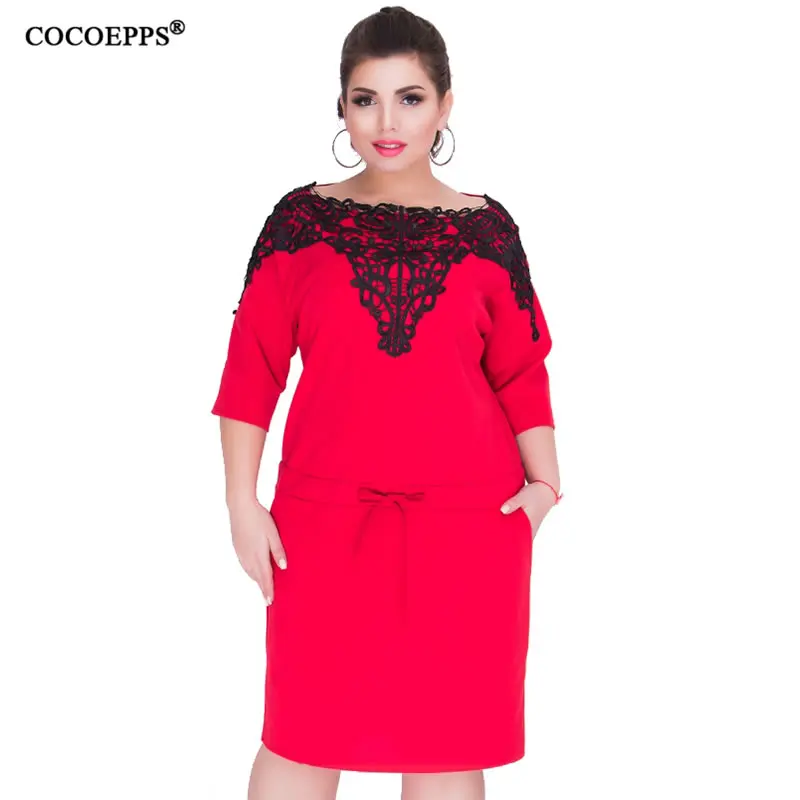 

COCOEPPS 2019 Elegant Plus Size Lace Tunic Dress For Women Summer Big Size Solid Patchwork Female Dress Casual Office Vestidos