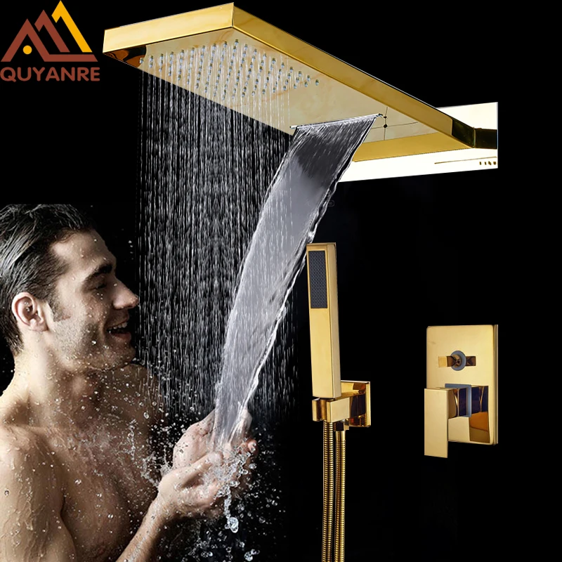 

Luxury Golden In Wall Mounted Shower Faucets Set Rainfall Waterfall Shower Head 3 Ways Mixer Tap ABS Handshower Bath Shower