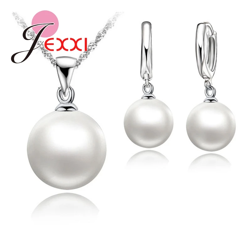 

Classic Nice Pearl Jewelry Sets 925 Sterling Silver Necklace+Pearl Hoop Earrings Wedding Jewelry Sets for Women Girls