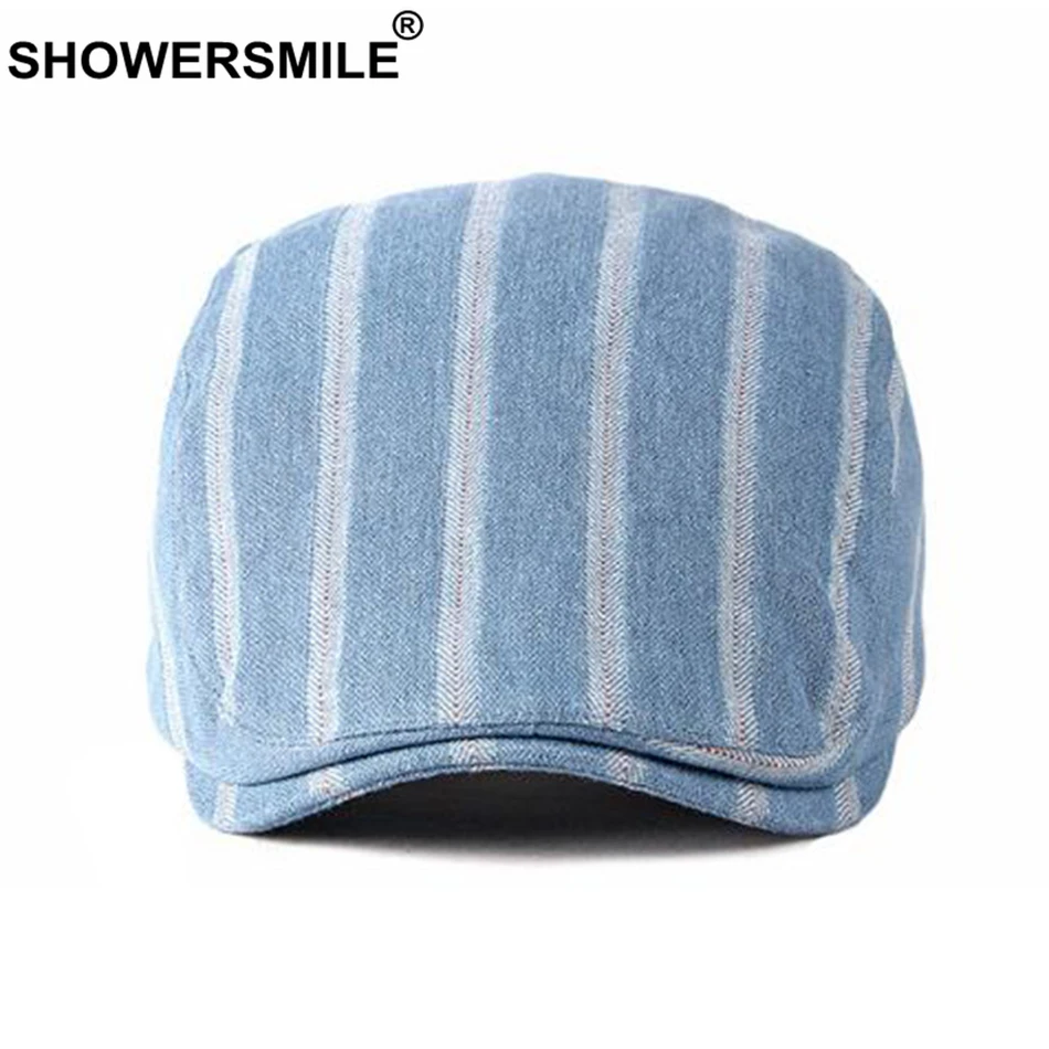 

SHOWERSMILE Mens Striped Flat Caps Denim Cotton Beret Caps for Women Light Blue Classic Spring Autumn Ivy Duckbill Cap Unisex