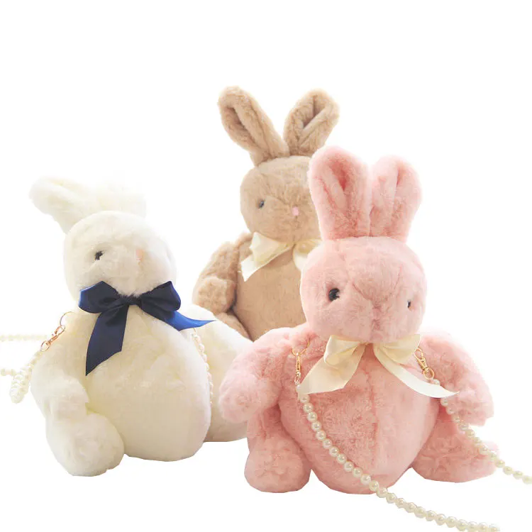 Kawai Girl Bunny Rabbit Bag Lolita Silk Bowknot Soft Plush Toy Doll Single Shoulder Portable Pearl Chain Bag Christmas gift