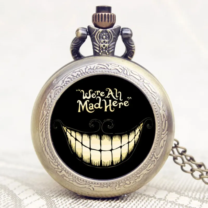 Small Bronze Alice in Wonderland We are All Mad Here Quartz Pocket Watch for Women Mens 5
