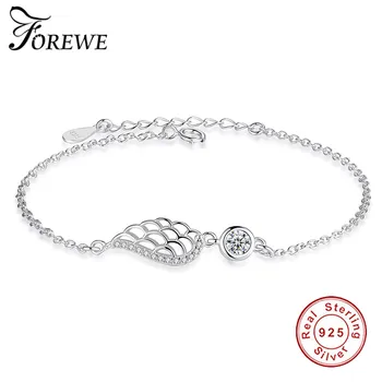 

Forewe 925 Sterling Silver Vintage Angel Wing Feather Bracelet Bangle For Women With Crystal Charm Chain Jewelry Girl Gift