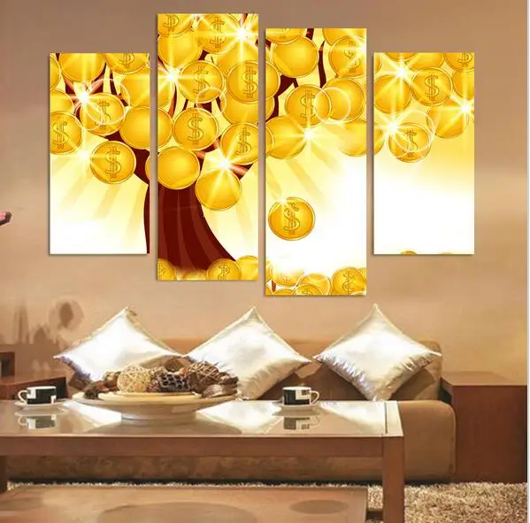 2016 New Unframed 4 Piece Gold Tree Modern Wall Art HD Picture Canvas
