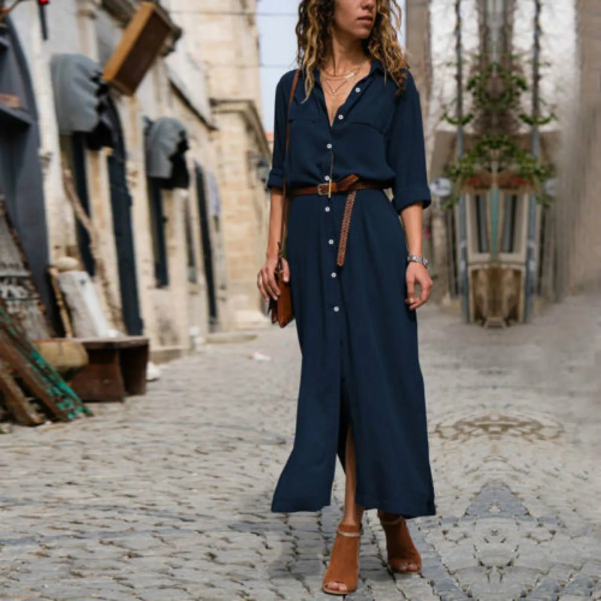 

Dress 2018 NEW Brand Womens Hot Button Solid Summer Ladies Long Sleeve V-Neck Party Casual Loose Dress