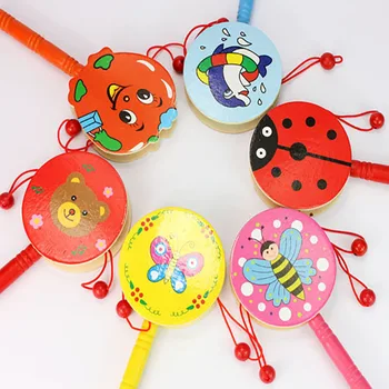 

Baby wooden rattles pellet drum toys cartoon rocking drum musical instrument toy for children gift wooden Pellet