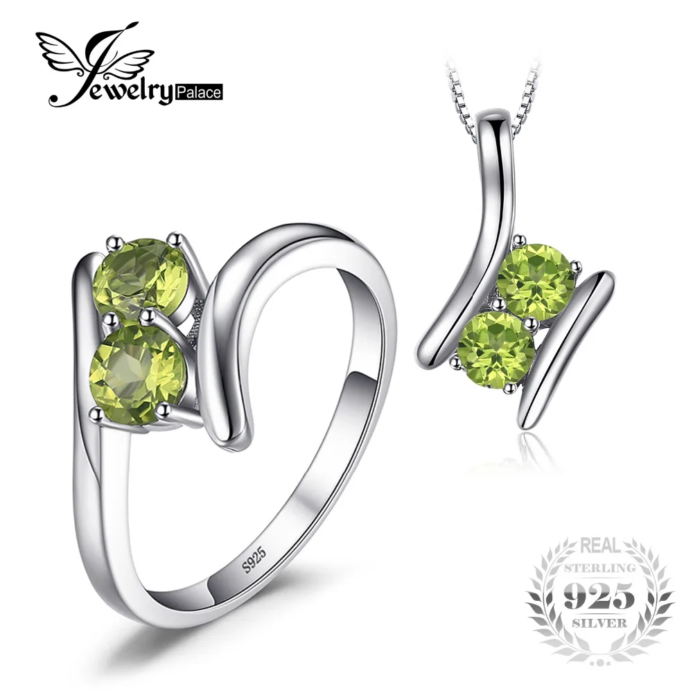 JewelryPalace Мода 1.64ct натуральная Перидот 2 камень кулон цепочки и ожерелья Кольцо Настоящее серебро 925 проба 45 см цепочка, ювелирное изделие из