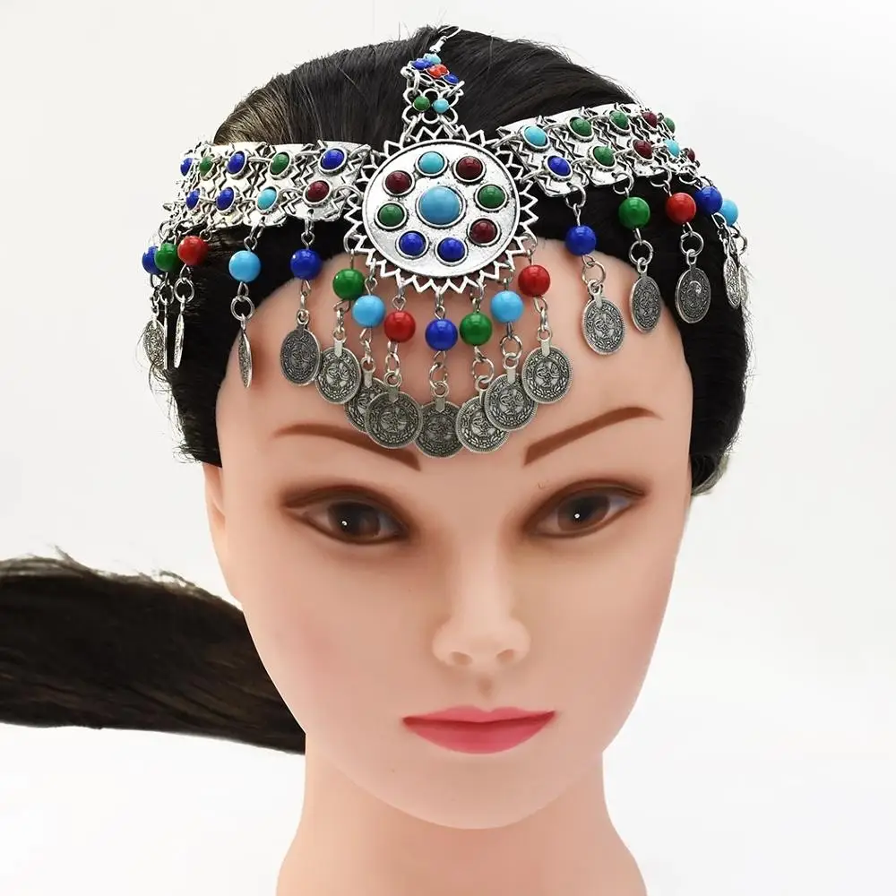 

Turkish Silver Gold Metal Beaded Coin Tassel Charm Head Chains For Women Boho Belly Dance Gypsy India Tribal Bridal Hair Jewelry