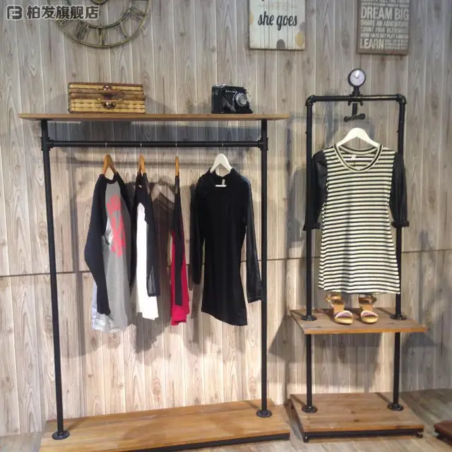 Bo made of solid wood to do the old vintage clothing store clothing rack shelf rack wrought iron