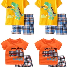 Одежда для мальчиков мультфильм крокодил, динозавр футболка комплект с клетчатыми шортами Одежда для мальчиков ясельного возраста комплект детской одежды 1 для 2, 3, 4, 5, 6, 7 лет