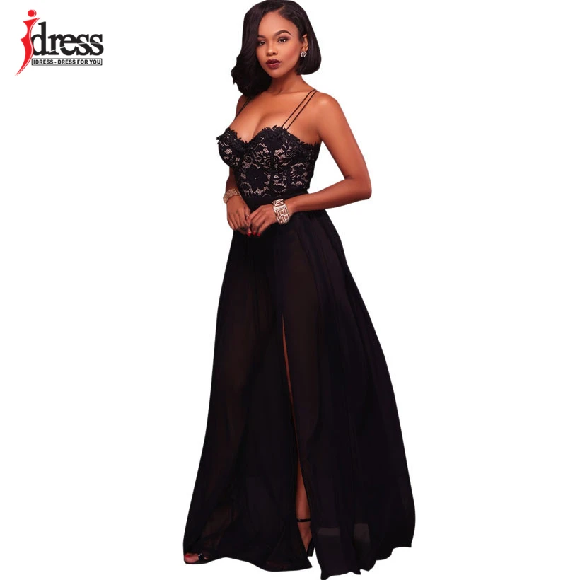 IDress 2017 Spaghetti Strap Black Lace Dress Women Party Elegant Floral Lace Chiffon Dress Floor Length Split Women Long Dress (11)