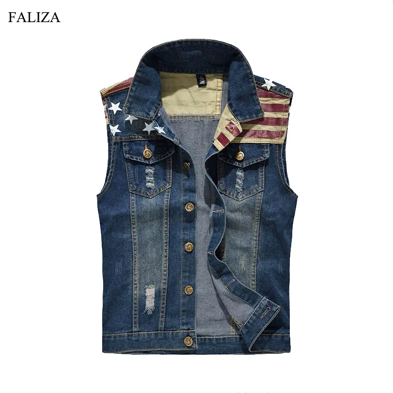 

FALIZA 2018 Pleated Design Man Denim Vest Hole Washed Jeans Waistcoat Men Plus Size 5xl Denim Vest Male Sleeveless Jackets MJ102