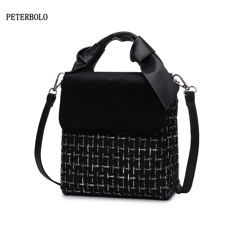 

PETERBOLO New Arrive Wool Shoulder Bags For Women Panelled Handbags Fashion Girls Casual Handle Bags