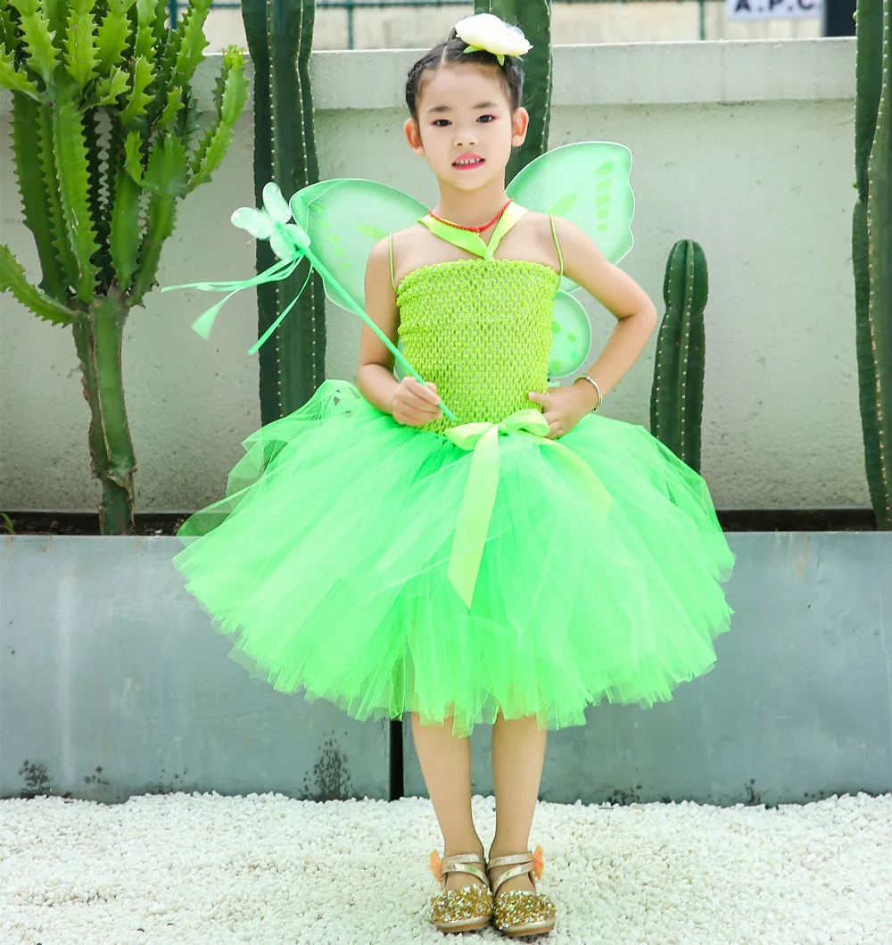 

Girl Tinkerbell Fairy Princess Flowers Tutu Dress for Kids Baby Halloween Party Cosplay Costume with Wings Headband Fairy Gold