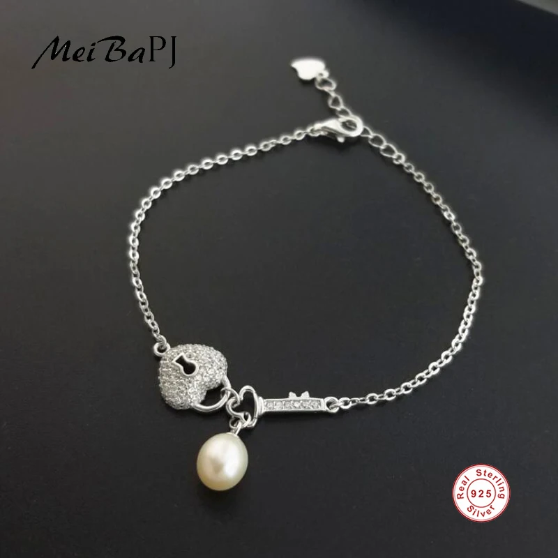 

[MeiBaPJ]Top Quality Natural Freshwater Pearl Key Lock Bracelet for Women S925 Sterling Silver Fashion Jewelry Charm Bracelet