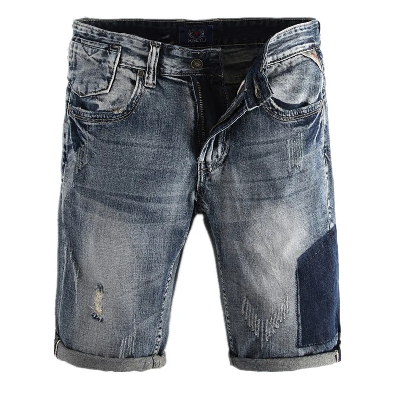 ABOORUN 2018 Fashion Mens Denim Shorts Retro Distressed Ripped Jeans