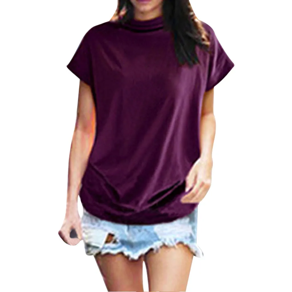 Женская футболка размера плюс S-6XL, Женская водолазка с коротким рукавом, хлопковая однотонная Повседневная футболка, женская одежда