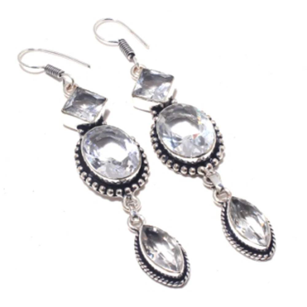 Bianco Topas, Argento Overlay Su Orecchini Di Rame, 80 Millimetri, E3731