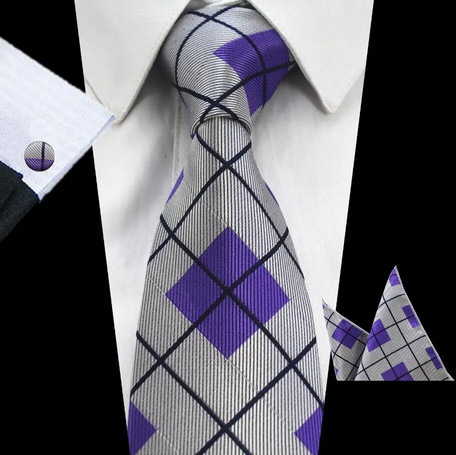 GUSLESON Шелковый клетчатый галстук набор 8 см коричневый серый галстук гравата Карманный квадратный Галстук платок Запонки костюм для свадьбы - Цвет: 23