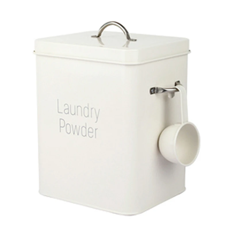 

New-Beautiful Powder Coating Metal Zinc Laundry Powder Boxes Storage With Scoop White