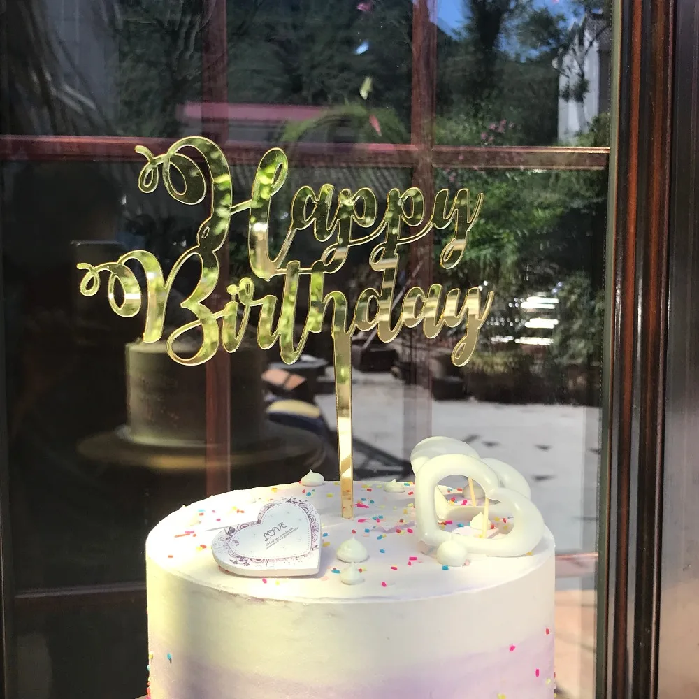 Зеркальный Золотой Топпер для торта «С Днем Рождения» украшение белый/черный/Глод/серебро акриловый торт Топпер Стенд подарок поставки счастливый
