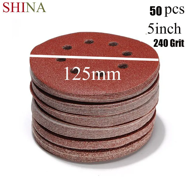 Shina 50 шт./компл. 5 "8 отверстий 240 шлифование песком диск случайная орбита крюк и петля шлифовальный песок бумажные диски грубый песчаник