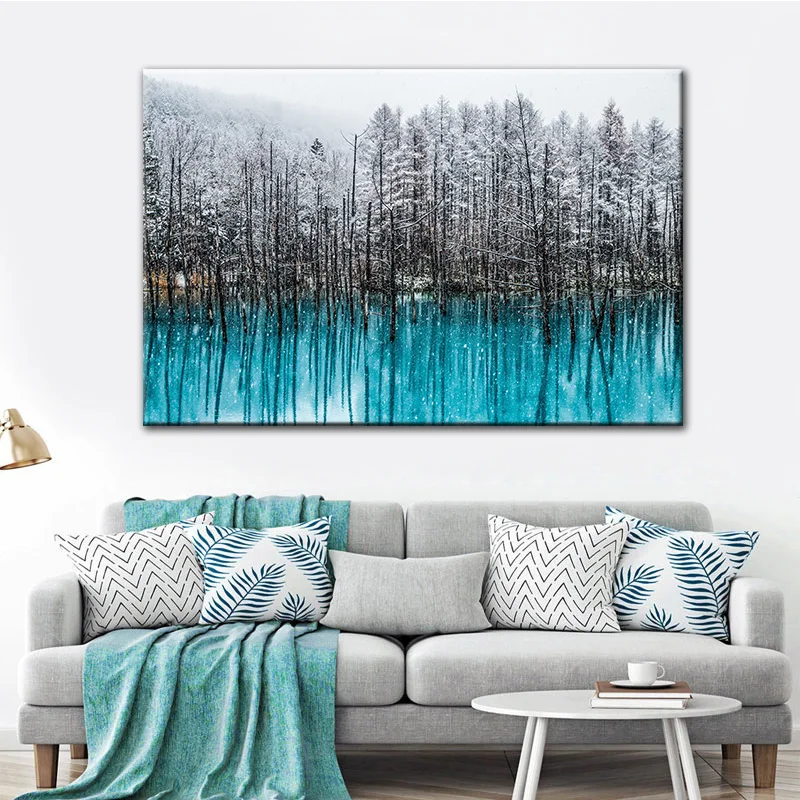 Goodecoration пейзаж холст картина зима снег стены Искусство Синий Lakescape украшение для