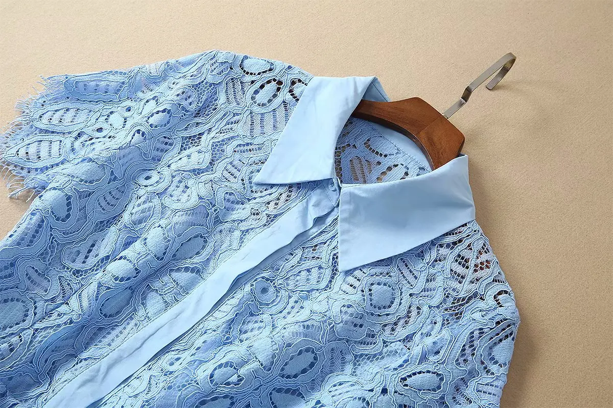 Women girls elegant blue glitter lace dress midi floral hollow out short sleeve summer shirt dresses