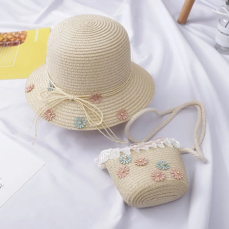 Летние соломенные плетеные солнечные шляпы для девочек, кепки с козырьком+ соломенная сумка на плечо, комплекты, плетеные шляпы, детская Милая пляжная шляпа принцессы с цветочным рисунком
