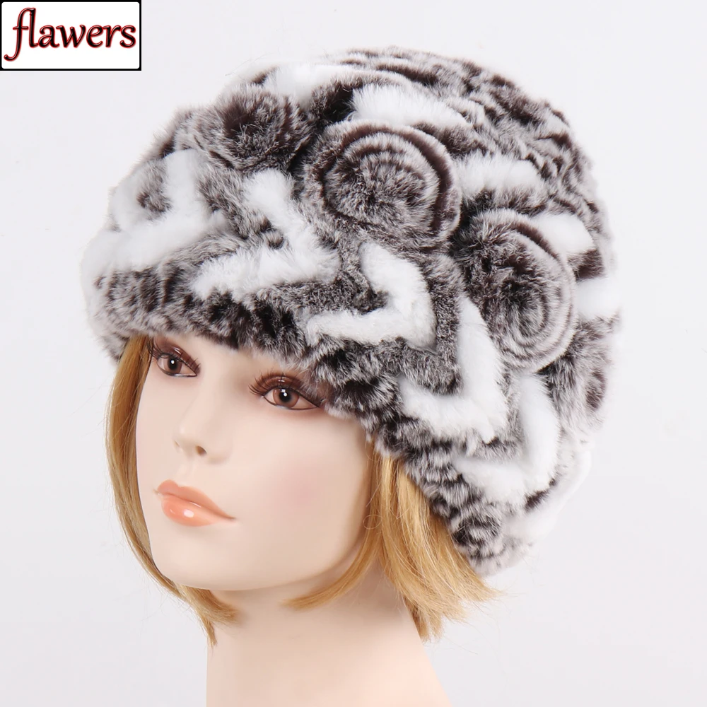 Женский Настоящий мех кролика шапочки шапки цветок Полосатый хороший эластичный натуральный мех вязаная шапка леди зима теплый натуральный мех Skully шапки
