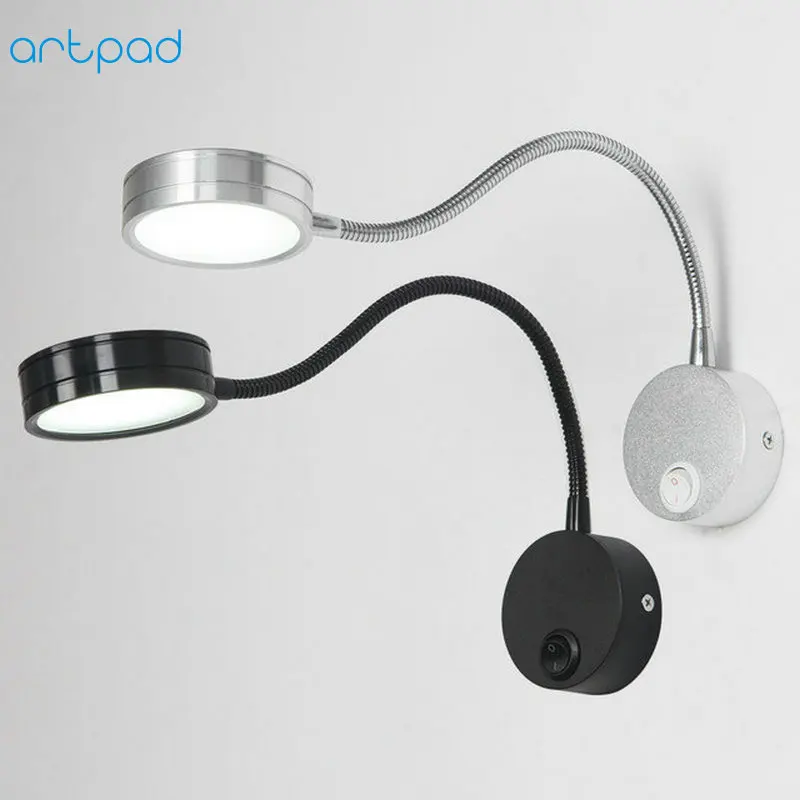 

Artpad Silver Black 5W LED Wall Spot Lights AC90V-260V Aluminum Flexible Gooseneck Book Reading Lamp for Bed Indoor Lighting
