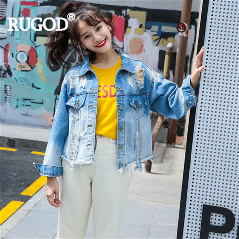 

RUGOD Denim jackets for women gradient hole tassel asymmetric length short jacket 2019 new fashion female cool girl casual tops