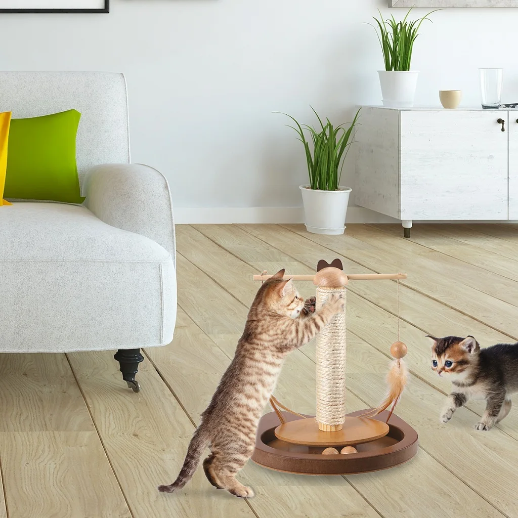 Multifunctional Teasing Toy For Cats Durable 360° Rotating Rod Cat Toys With Feather Wooden Balls Scratching Sisal Post