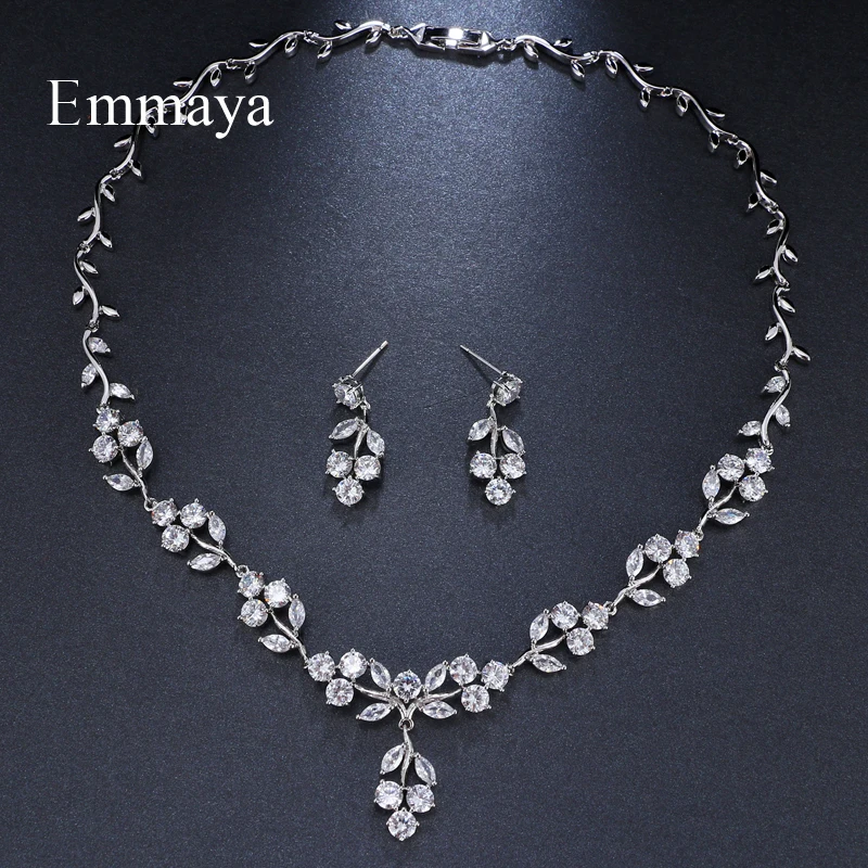 

Emmaya Brand Luxury Gorgeous Cubic Zircon White Gold Color Adjustable Crystal Earrings Necklace Set For Women Bride Jewelry Gift