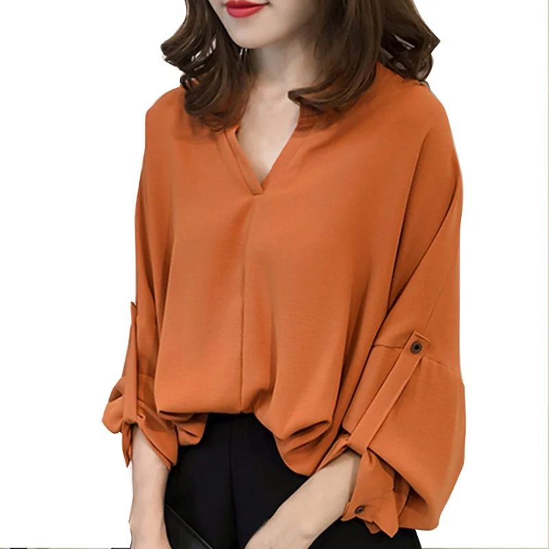 

Sping Autumn Loose V Neck Tops Women Long Sleeve Chiffon Shirt Batwing Sleeve Blouse