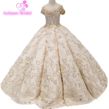 

2019 Beading Tassel Illusion Gold lace Embroidery Pattern Skirt Customize Tailor Bridal Gown Princess Luxury Wedding Dresses